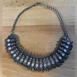 Indian Choker Soft Pink Rhinestone and antique tone metal Bib Statement necklace